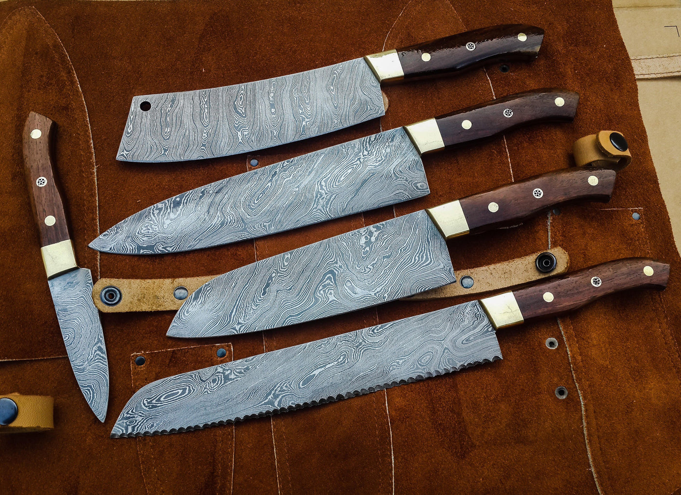 RoseWood Custom Handmade Damascus Kitchen knives set - Troy Blades